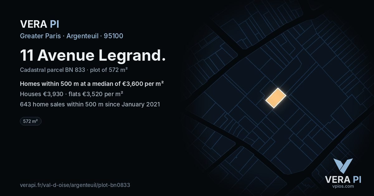11 Avenue Legrand, Argenteuil at night – the plot lit, the parcels around coloured by the prices near them