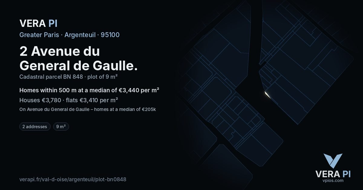 2 Avenue du General de Gaulle, Argenteuil at night – the plot lit, the parcels around coloured by the prices near them