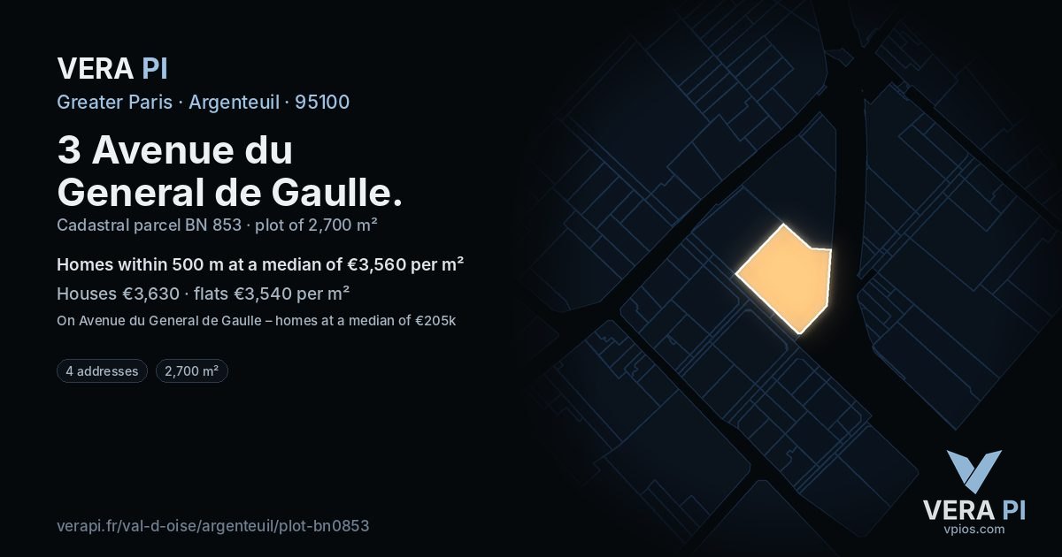 3 Avenue du General de Gaulle, Argenteuil at night – the plot lit, the parcels around coloured by the prices near them
