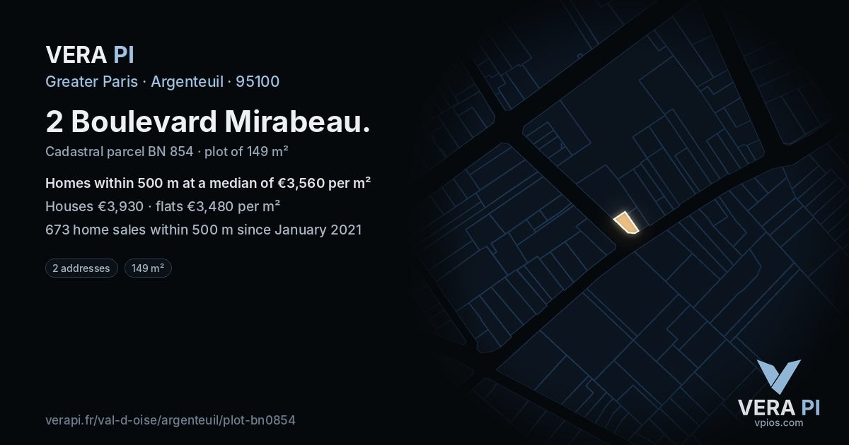 2 Boulevard Mirabeau, Argenteuil at night – the plot lit, the parcels around coloured by the prices near them
