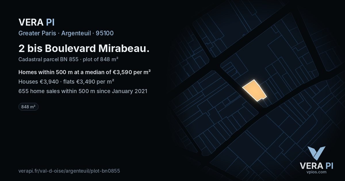 2 bis Boulevard Mirabeau, Argenteuil at night – the plot lit, the parcels around coloured by the prices near them