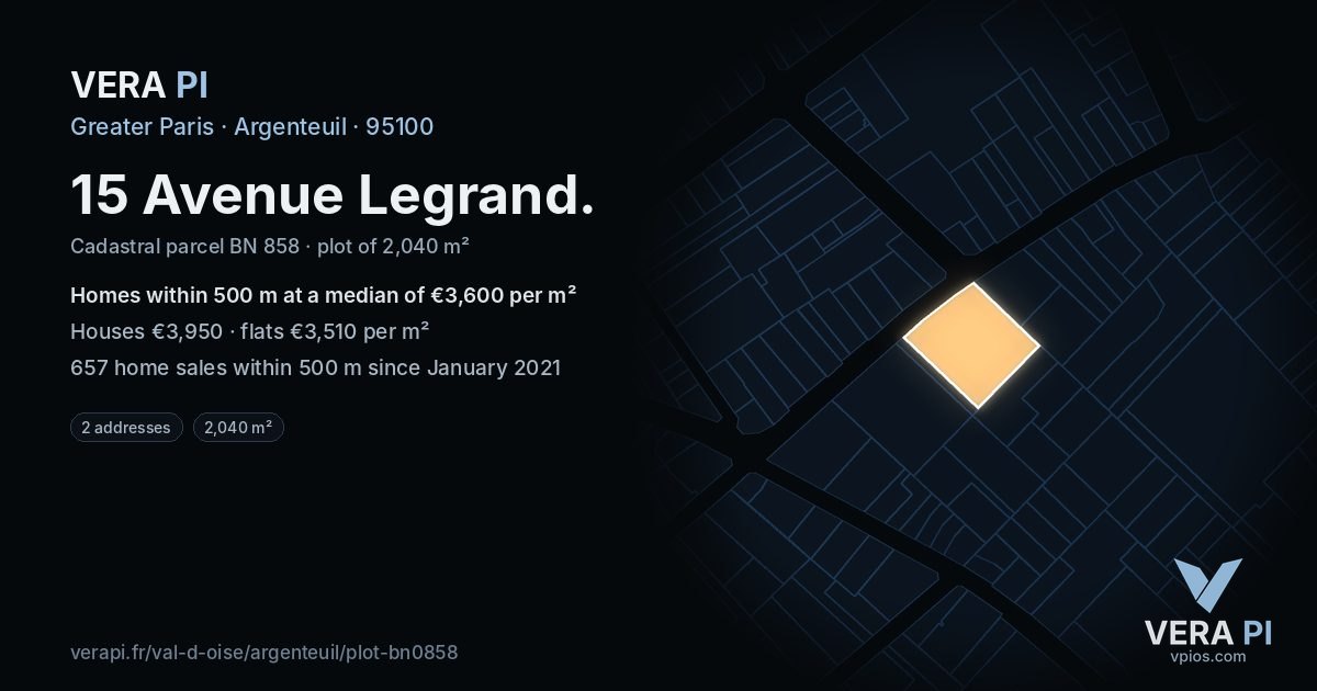 15 Avenue Legrand, Argenteuil at night – the plot lit, the parcels around coloured by the prices near them