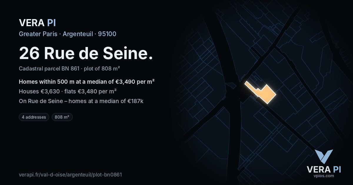26 Rue de Seine, Argenteuil at night – the plot lit, the parcels around coloured by the prices near them