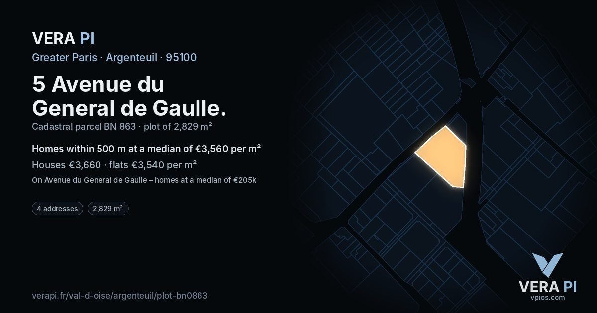 5 Avenue du General de Gaulle, Argenteuil at night – the plot lit, the parcels around coloured by the prices near them