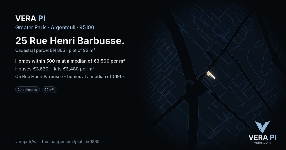 25 Rue Henri Barbusse, Argenteuil at night – the plot lit, the parcels around coloured by the prices near them