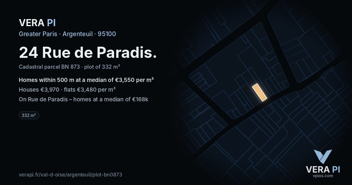 24 Rue de Paradis, Argenteuil at night – the plot lit, the parcels around coloured by the prices near them