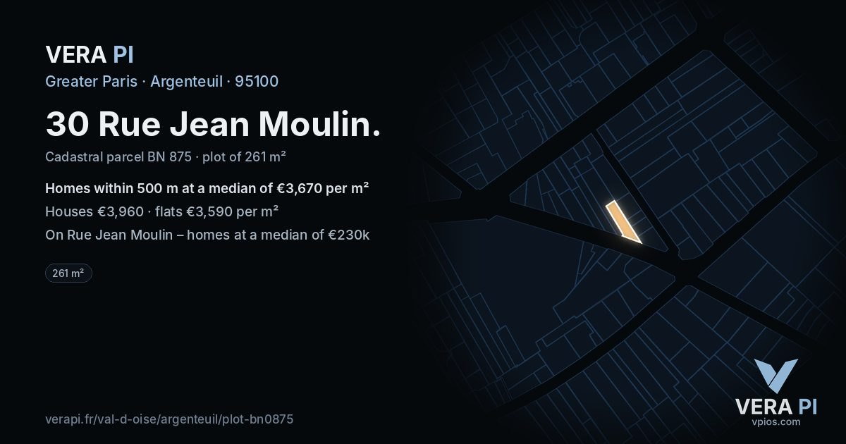 30 Rue Jean Moulin, Argenteuil at night – the plot lit, the parcels around coloured by the prices near them