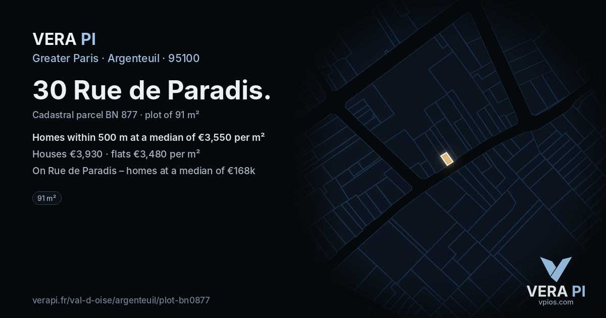 30 Rue de Paradis, Argenteuil at night – the plot lit, the parcels around coloured by the prices near them