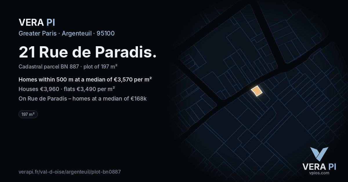21 Rue de Paradis, Argenteuil at night – the plot lit, the parcels around coloured by the prices near them