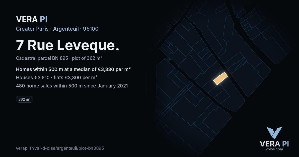 7 Rue Leveque, Argenteuil at night – the plot lit, the parcels around coloured by the prices near them