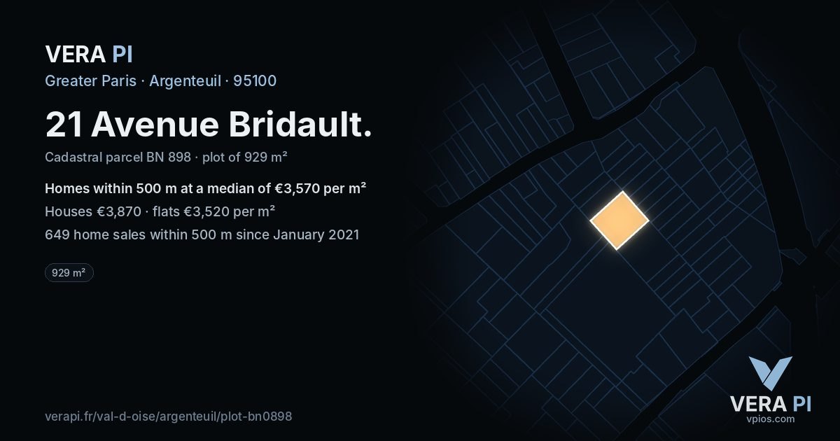 21 Avenue Bridault, Argenteuil at night – the plot lit, the parcels around coloured by the prices near them