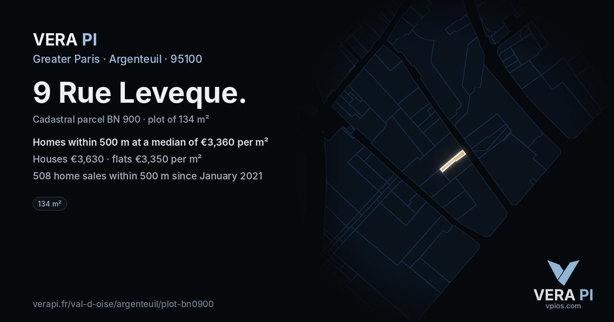 9 Rue Leveque, Argenteuil at night – the plot lit, the parcels around coloured by the prices near them
