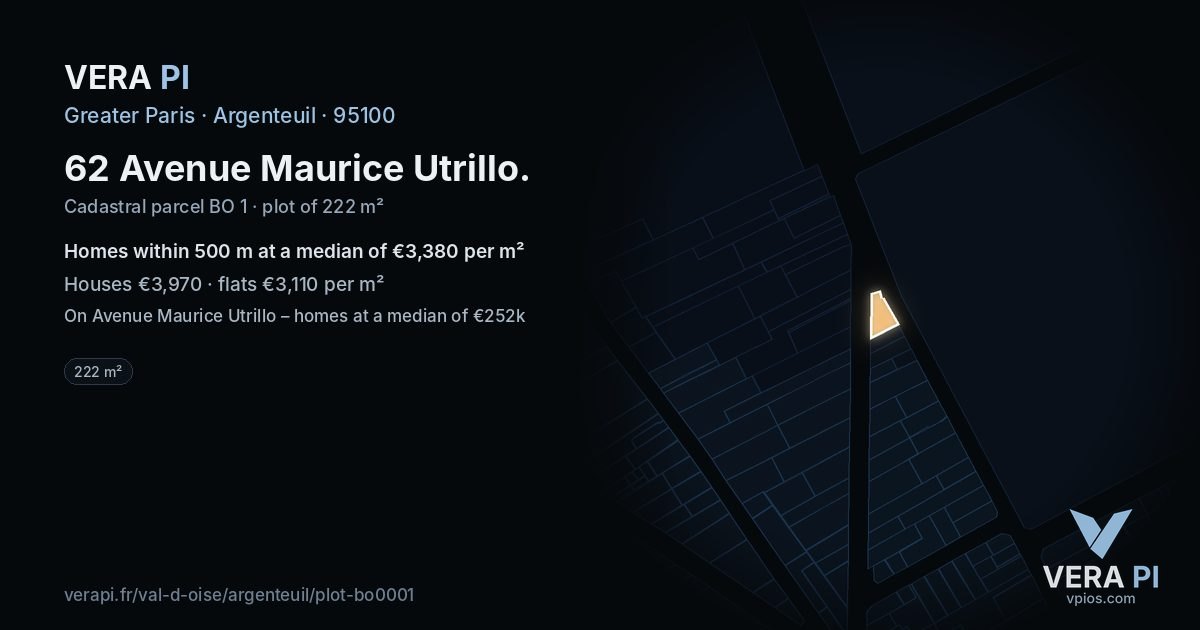 62 Avenue Maurice Utrillo, Argenteuil at night – the plot lit, the parcels around coloured by the prices near them