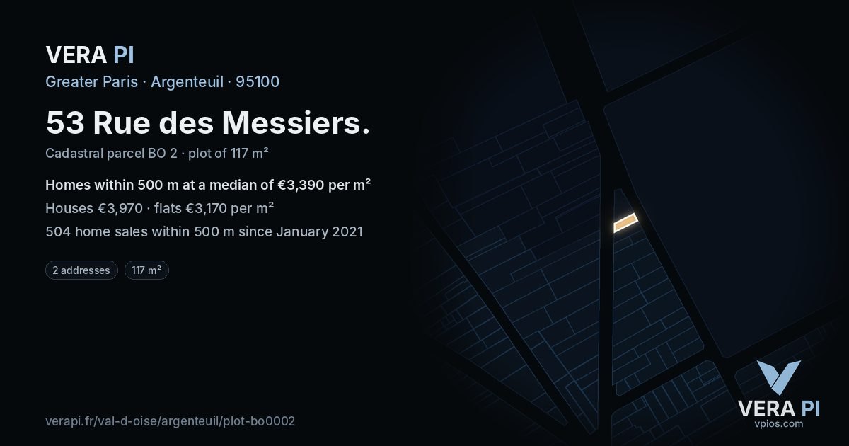 53 Rue des Messiers, Argenteuil at night – the plot lit, the parcels around coloured by the prices near them