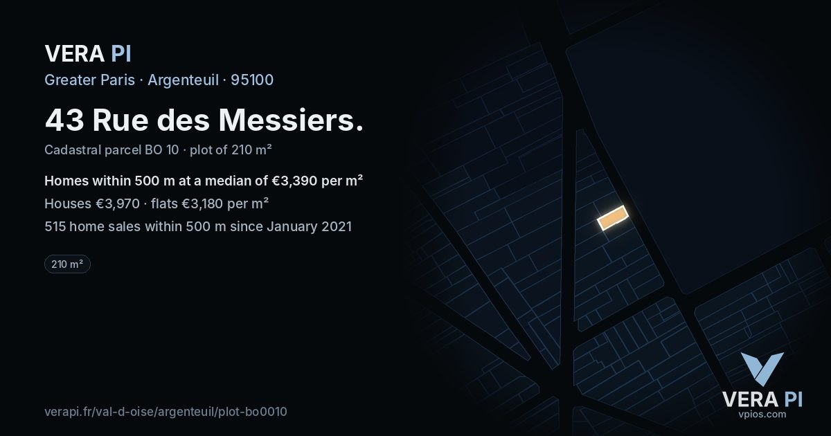 43 Rue des Messiers, Argenteuil at night – the plot lit, the parcels around coloured by the prices near them