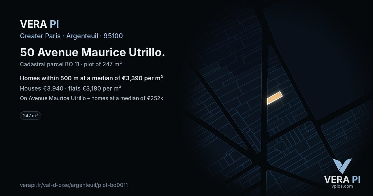 50 Avenue Maurice Utrillo, Argenteuil at night – the plot lit, the parcels around coloured by the prices near them