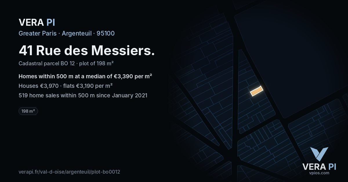 41 Rue des Messiers, Argenteuil at night – the plot lit, the parcels around coloured by the prices near them