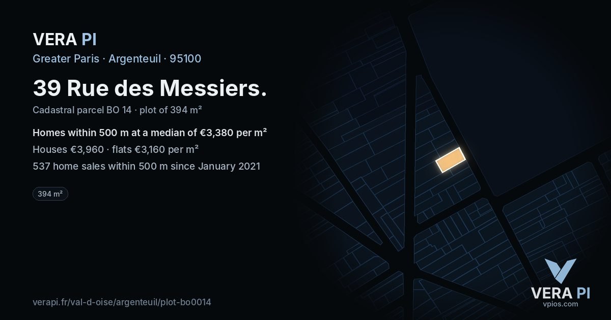 39 Rue des Messiers, Argenteuil at night – the plot lit, the parcels around coloured by the prices near them