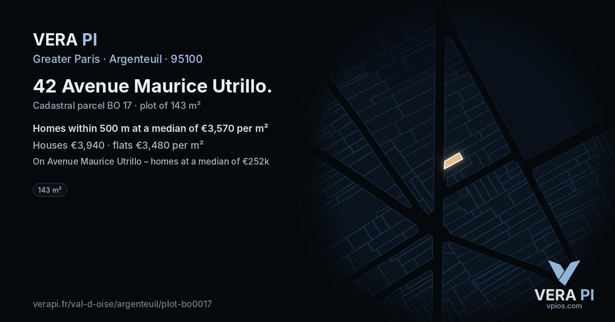 42 Avenue Maurice Utrillo, Argenteuil at night – the plot lit, the parcels around coloured by the prices near them