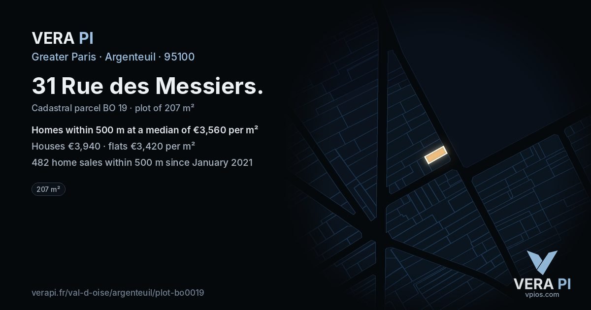 31 Rue des Messiers, Argenteuil at night – the plot lit, the parcels around coloured by the prices near them