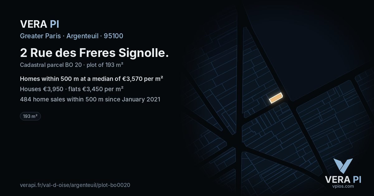 2 Rue des Freres Signolle, Argenteuil at night – the plot lit, the parcels around coloured by the prices near them
