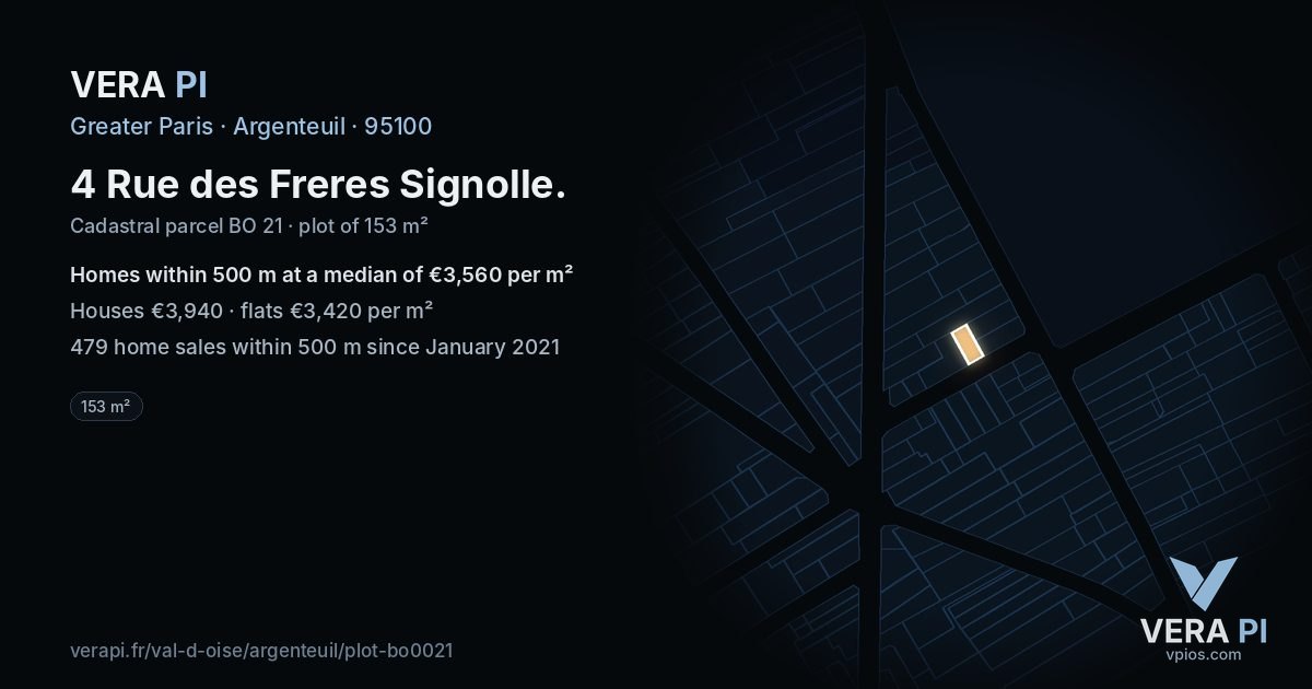 4 Rue des Freres Signolle, Argenteuil at night – the plot lit, the parcels around coloured by the prices near them