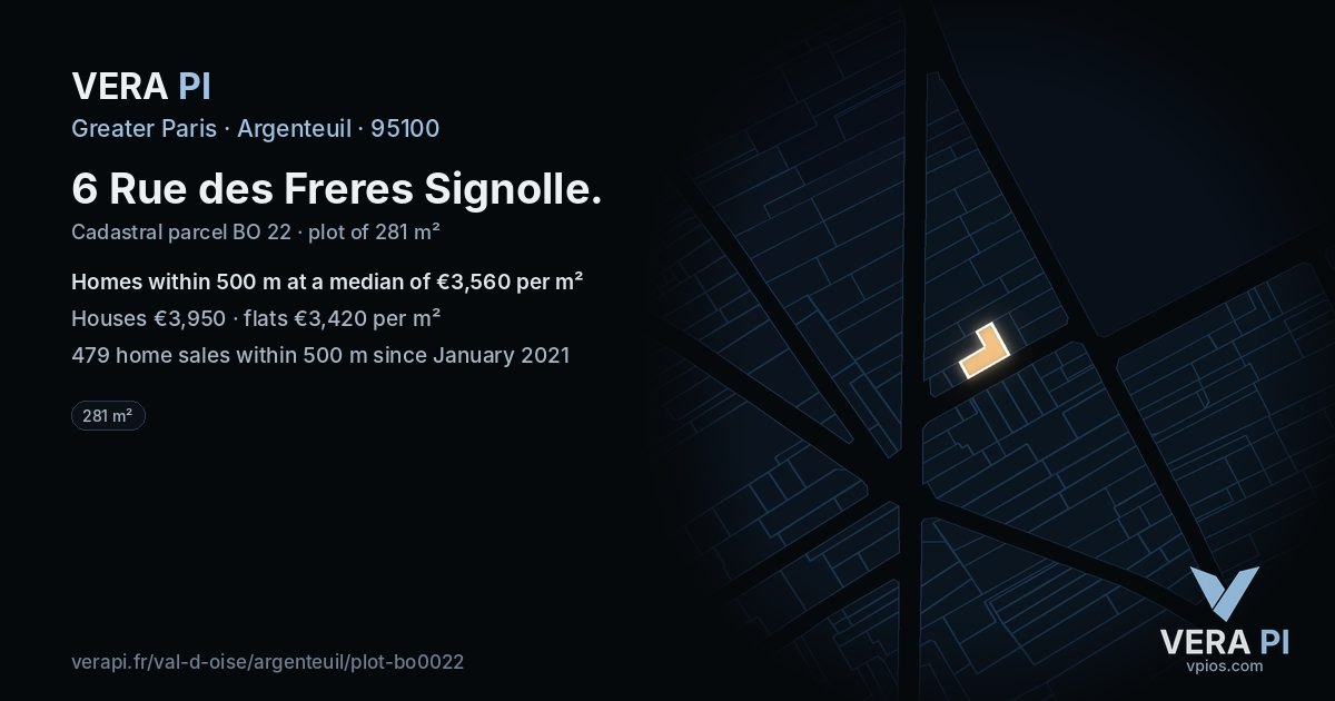 6 Rue des Freres Signolle, Argenteuil at night – the plot lit, the parcels around coloured by the prices near them