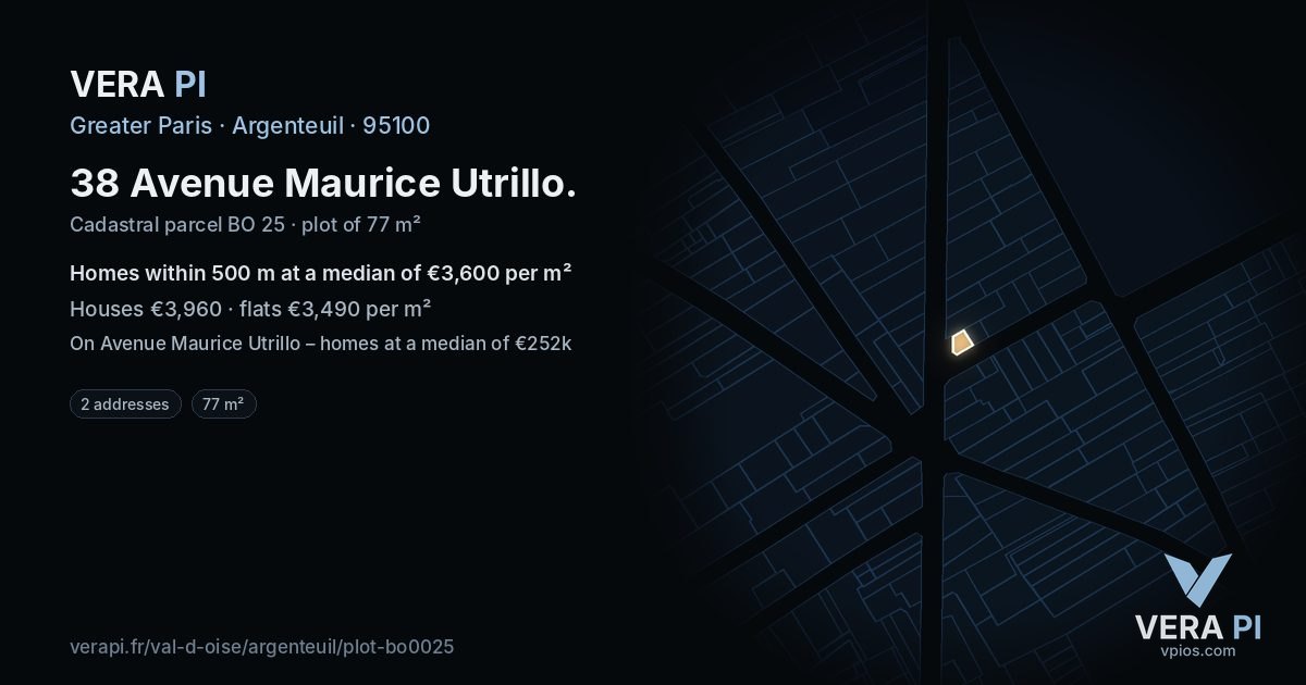 38 Avenue Maurice Utrillo, Argenteuil at night – the plot lit, the parcels around coloured by the prices near them