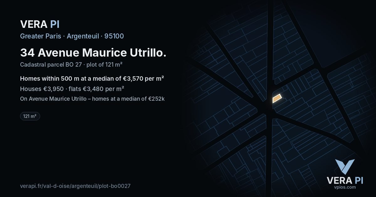 34 Avenue Maurice Utrillo, Argenteuil at night – the plot lit, the parcels around coloured by the prices near them