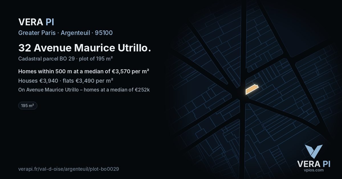 32 Avenue Maurice Utrillo, Argenteuil at night – the plot lit, the parcels around coloured by the prices near them