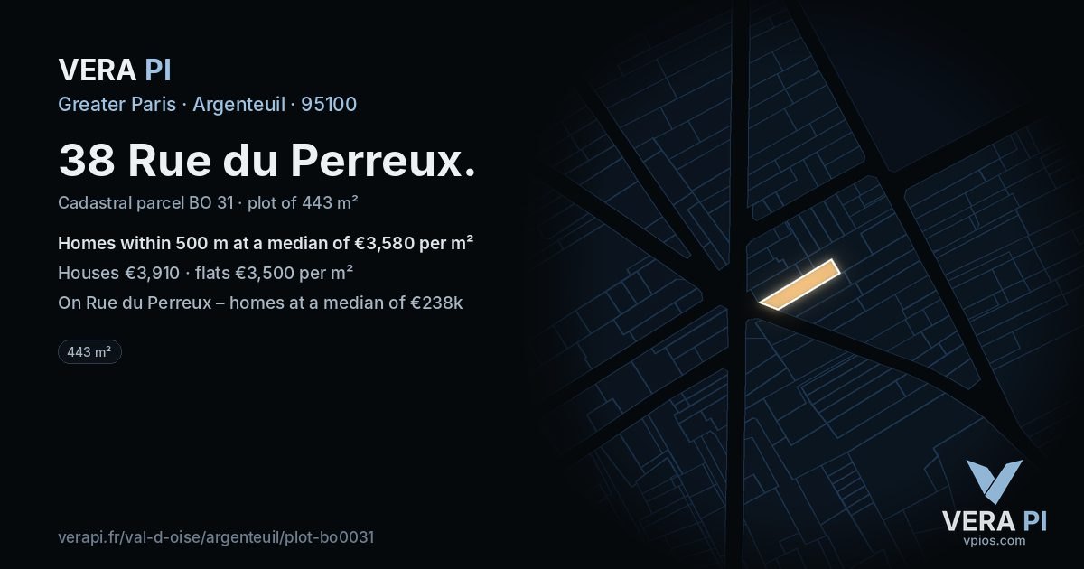 38 Rue du Perreux, Argenteuil at night – the plot lit, the parcels around coloured by the prices near them