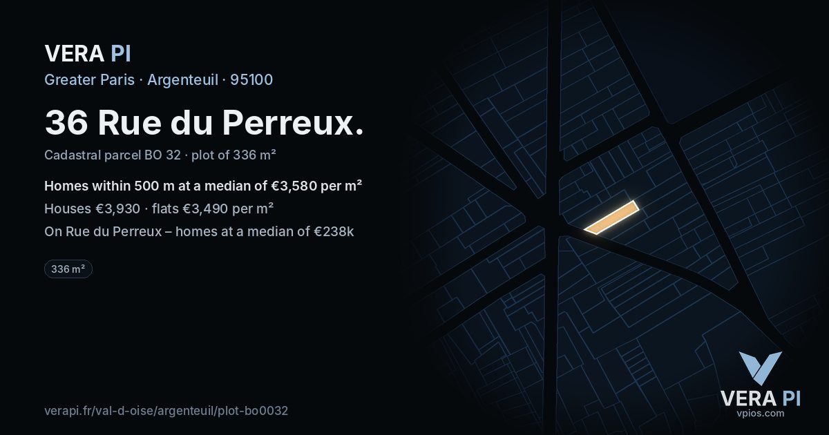 36 Rue du Perreux, Argenteuil at night – the plot lit, the parcels around coloured by the prices near them
