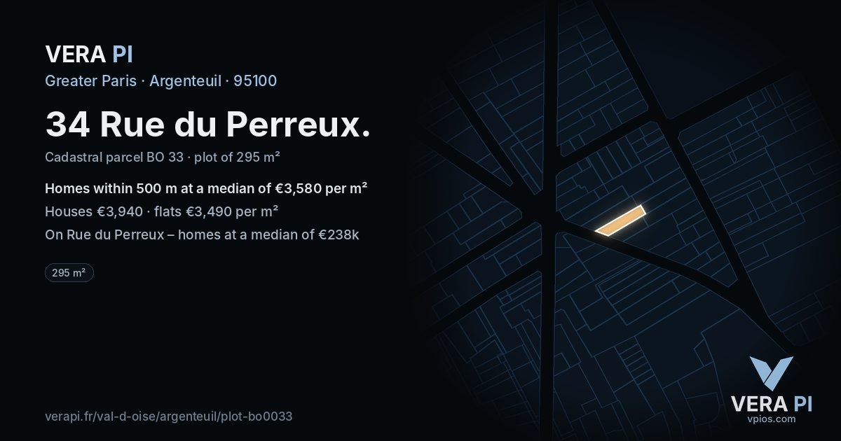 34 Rue du Perreux, Argenteuil at night – the plot lit, the parcels around coloured by the prices near them