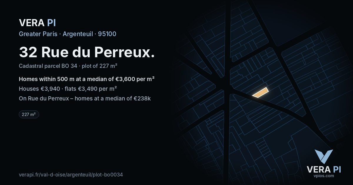 32 Rue du Perreux, Argenteuil at night – the plot lit, the parcels around coloured by the prices near them