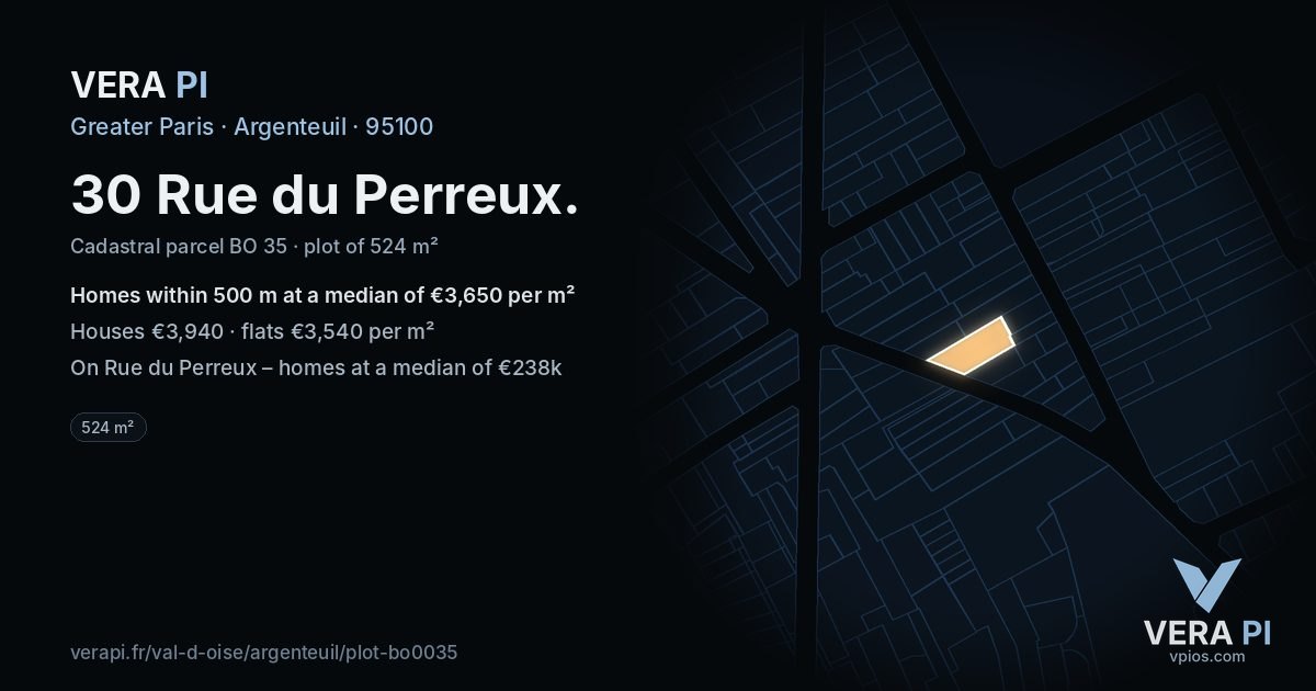 30 Rue du Perreux, Argenteuil at night – the plot lit, the parcels around coloured by the prices near them