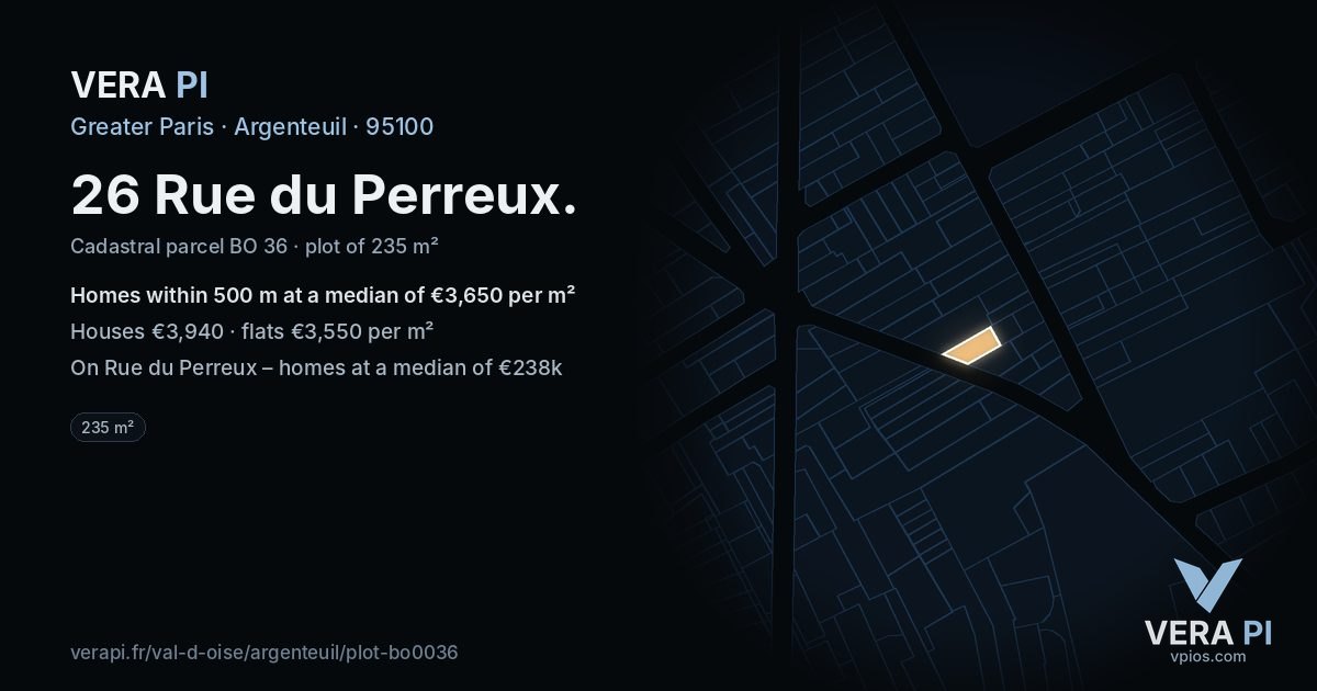 26 Rue du Perreux, Argenteuil at night – the plot lit, the parcels around coloured by the prices near them