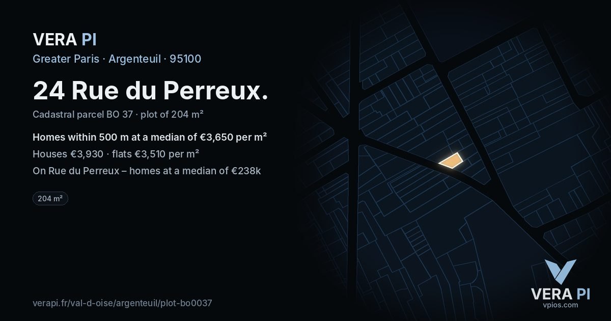 24 Rue du Perreux, Argenteuil at night – the plot lit, the parcels around coloured by the prices near them