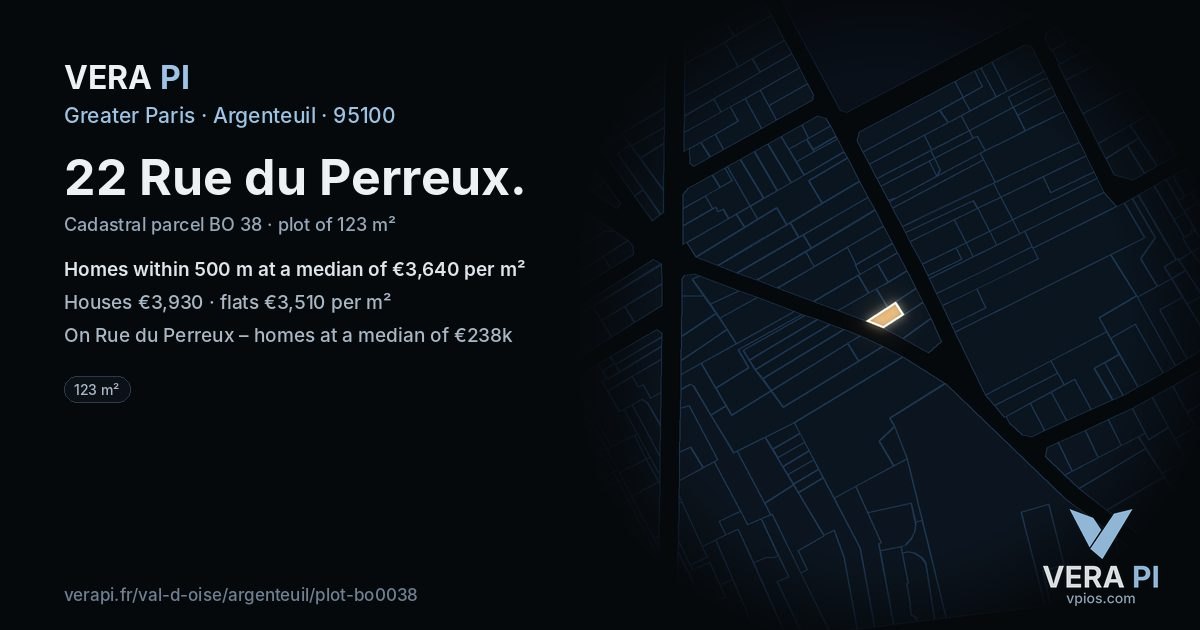 22 Rue du Perreux, Argenteuil at night – the plot lit, the parcels around coloured by the prices near them