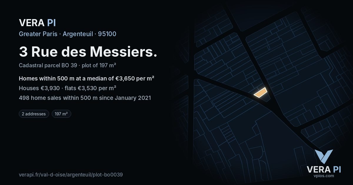 3 Rue des Messiers, Argenteuil at night – the plot lit, the parcels around coloured by the prices near them