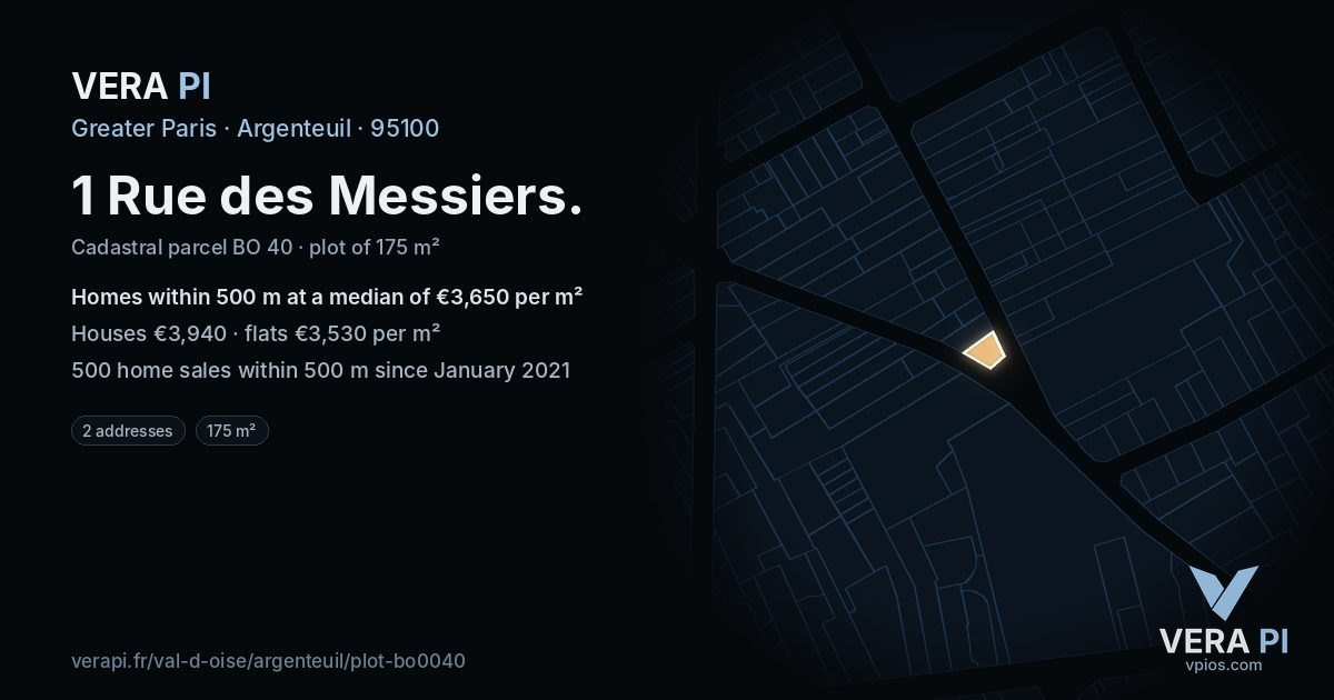 1 Rue des Messiers, Argenteuil at night – the plot lit, the parcels around coloured by the prices near them