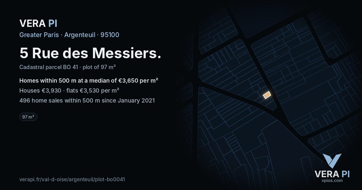 5 Rue des Messiers, Argenteuil at night – the plot lit, the parcels around coloured by the prices near them
