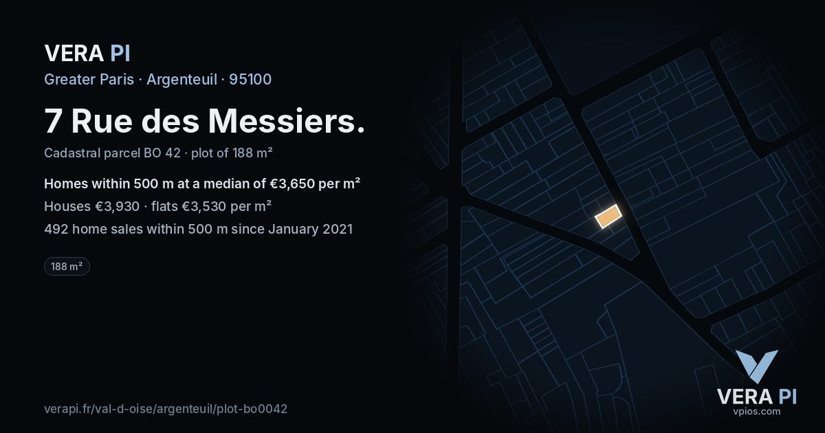 7 Rue des Messiers, Argenteuil at night – the plot lit, the parcels around coloured by the prices near them