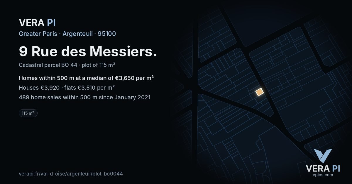 9 Rue des Messiers, Argenteuil at night – the plot lit, the parcels around coloured by the prices near them