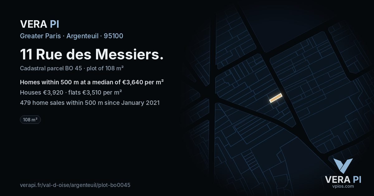 11 Rue des Messiers, Argenteuil at night – the plot lit, the parcels around coloured by the prices near them
