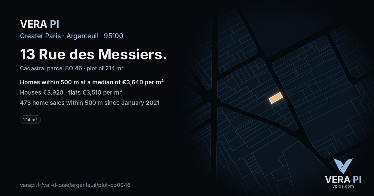 13 Rue des Messiers, Argenteuil at night – the plot lit, the parcels around coloured by the prices near them
