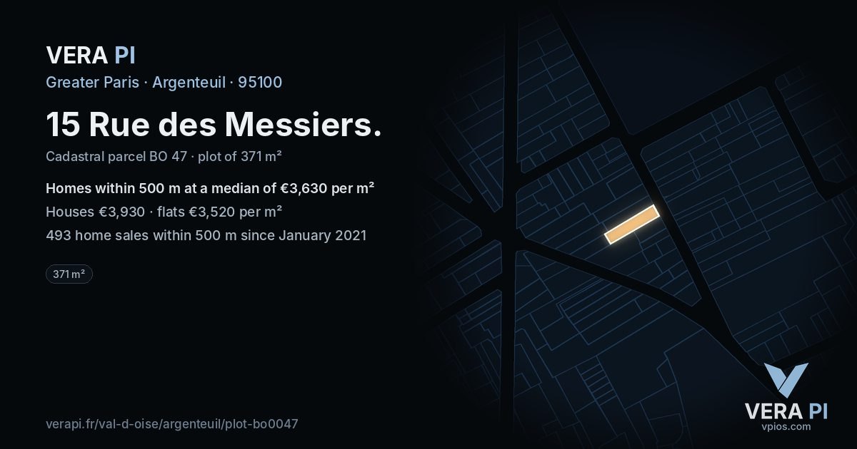 15 Rue des Messiers, Argenteuil at night – the plot lit, the parcels around coloured by the prices near them