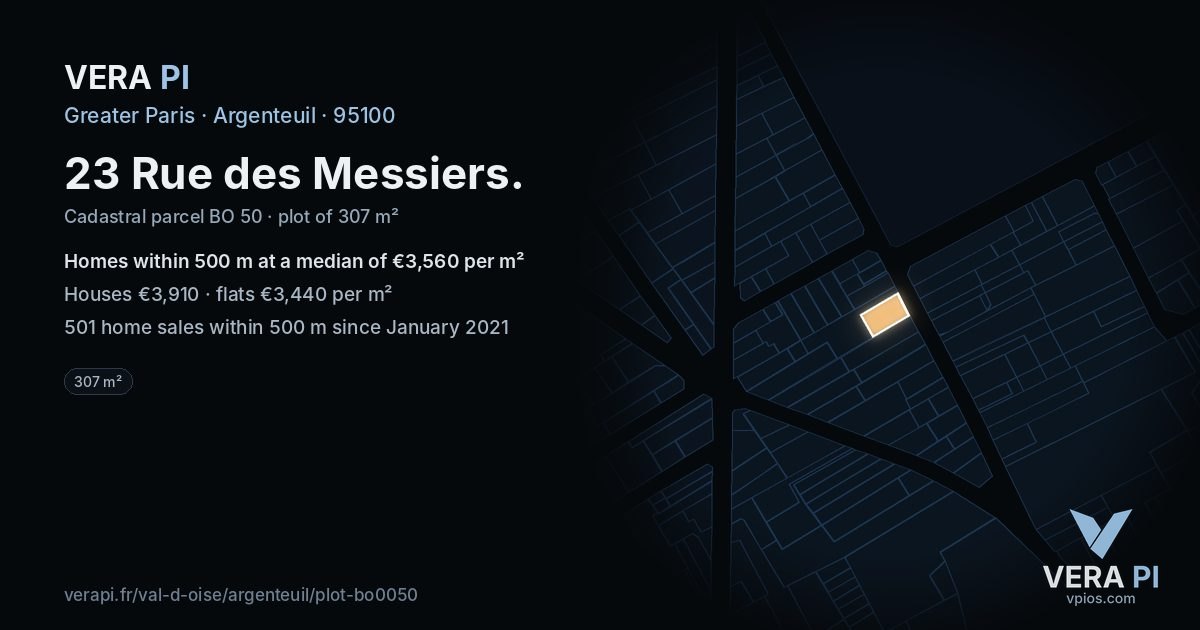 23 Rue des Messiers, Argenteuil at night – the plot lit, the parcels around coloured by the prices near them