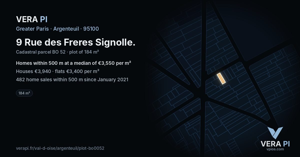 9 Rue des Freres Signolle, Argenteuil at night – the plot lit, the parcels around coloured by the prices near them