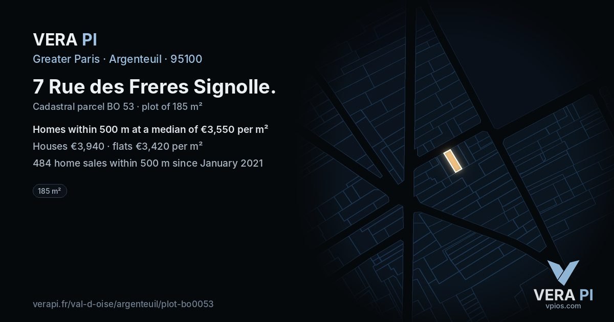 7 Rue des Freres Signolle, Argenteuil at night – the plot lit, the parcels around coloured by the prices near them