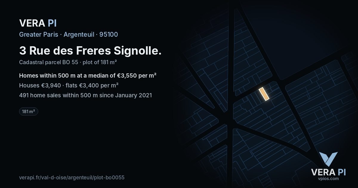 3 Rue des Freres Signolle, Argenteuil at night – the plot lit, the parcels around coloured by the prices near them